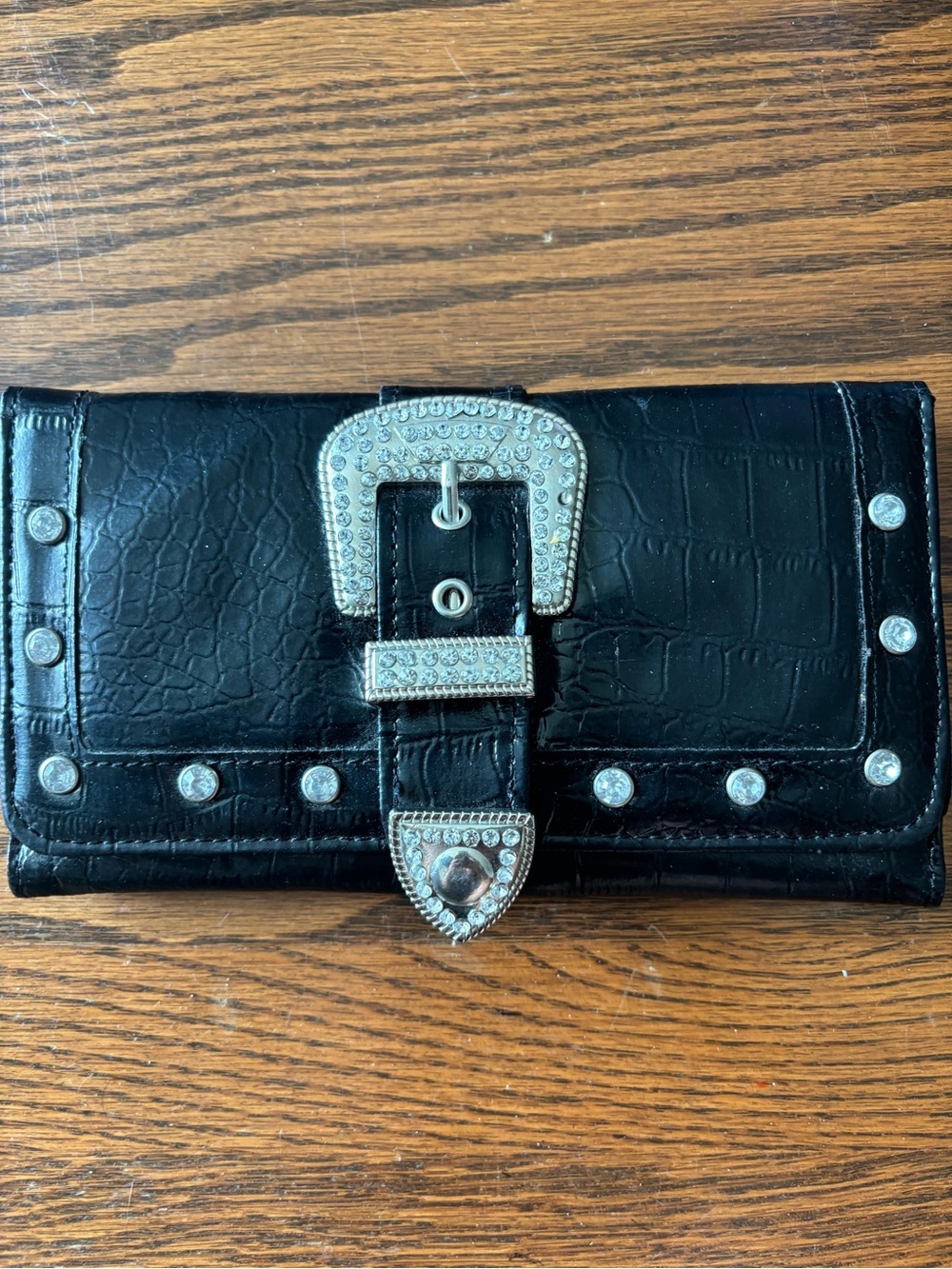3 for $30- Y2K Western Black Embossed Buckle Wallet with Crystal Accents